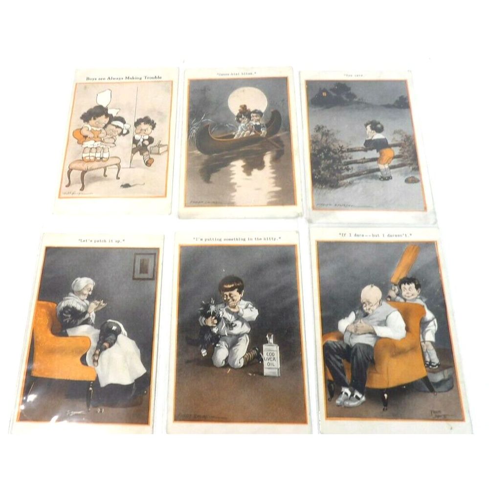 Lot of 6 Antique 1910's Comic Postcards signed by Fredy Spurgin Nice Condition